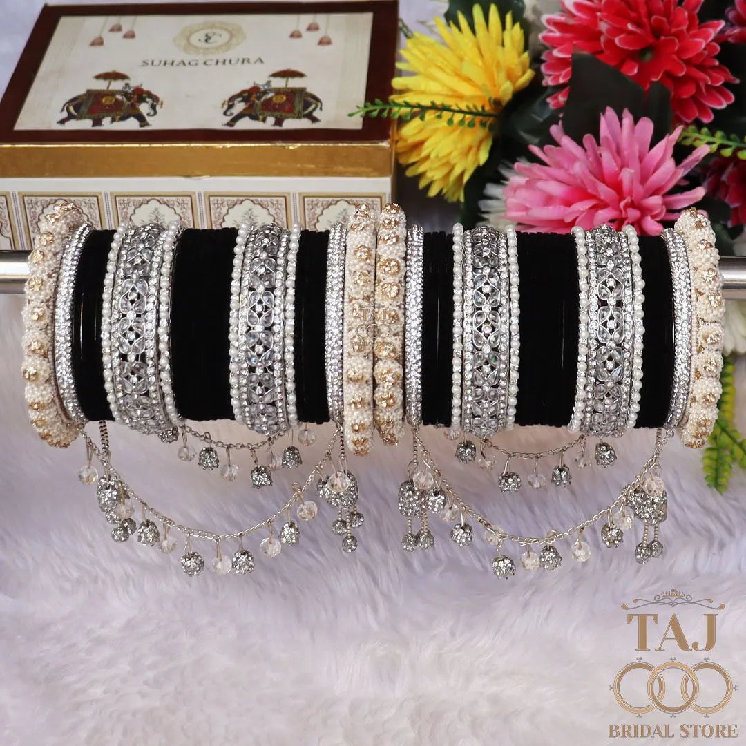 Designer Black-Silver Wedding Bangles Set with New Jhula Latkan Design