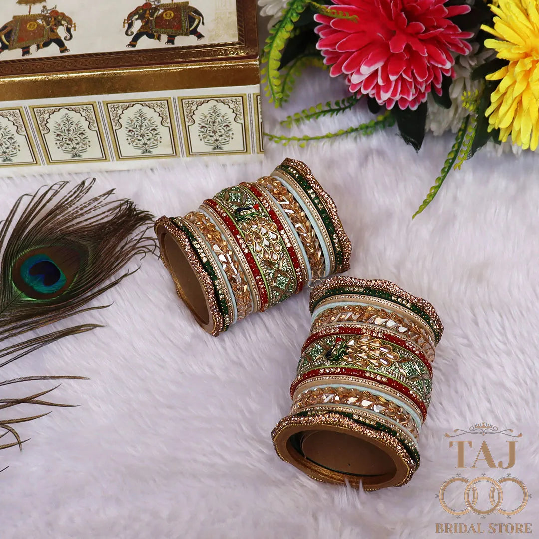 Rajasthani Lac Bridal Bangles Set With New Peacock and Kundan Design