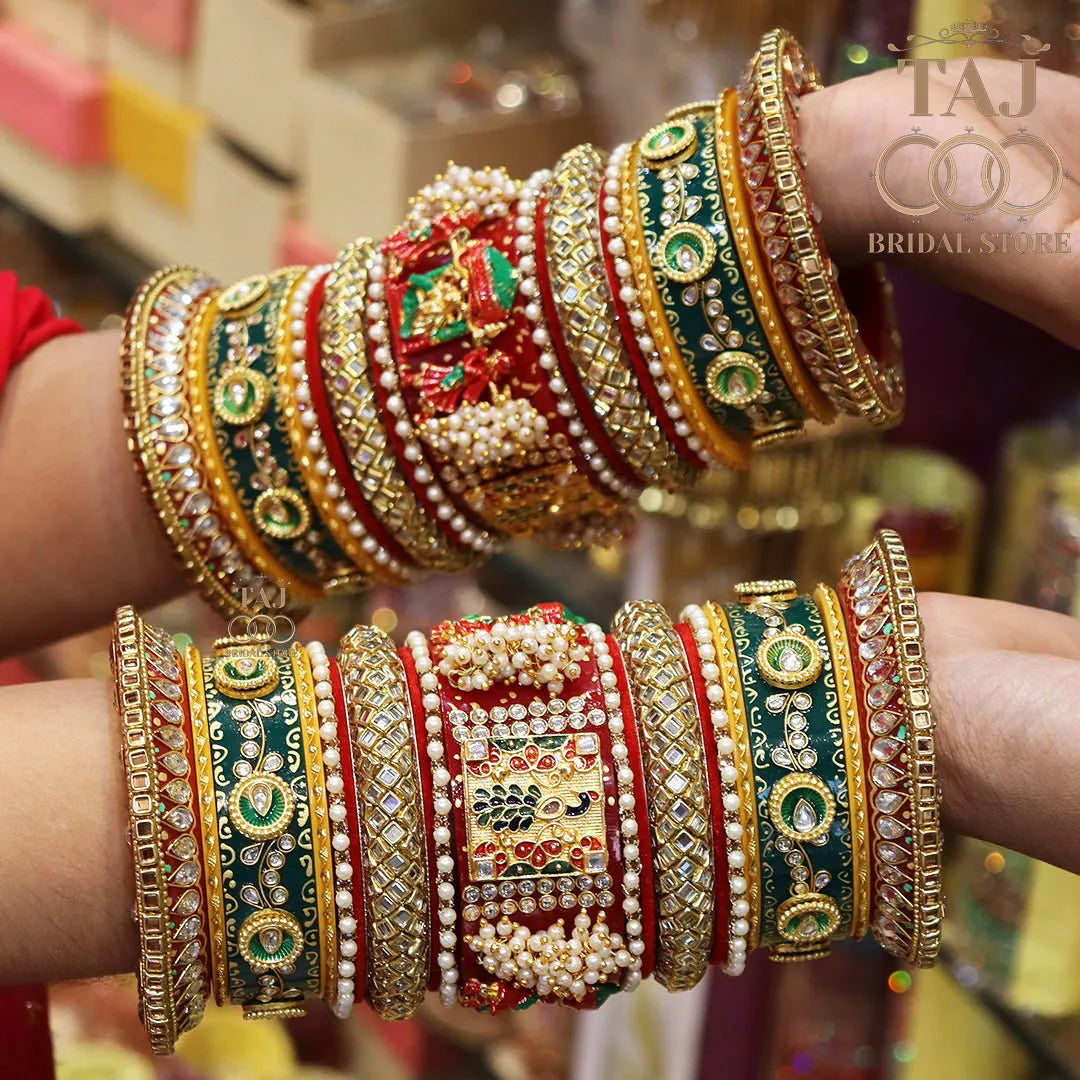 Rajwadi Bridal Bangle Set with Beautiful Doli and Peacock Design Kada