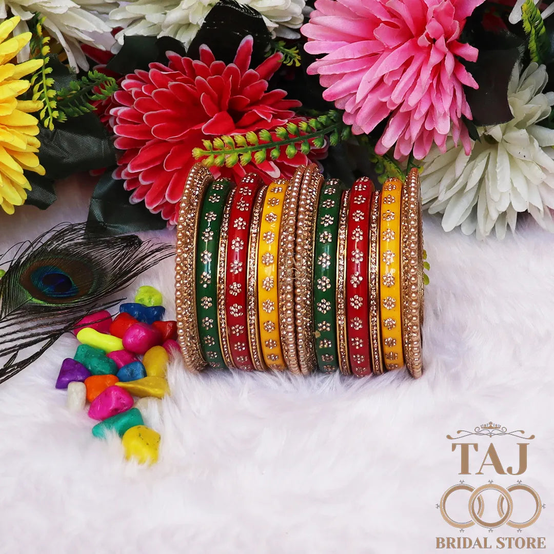 Handmade Rajasthani Lac Bangles Set in Latest Rhinestones Design