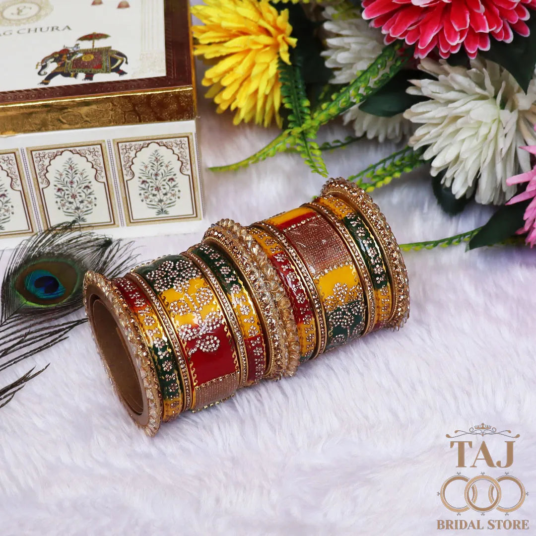 Traditional Lac Bangles Set with Latest Rhinestones Flower Design