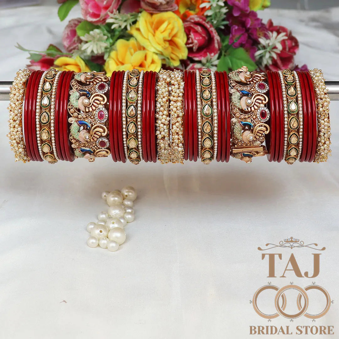 Rajasthani Traditional Bridal Chuda Set With Beautiful Peacock Design Brass Kada