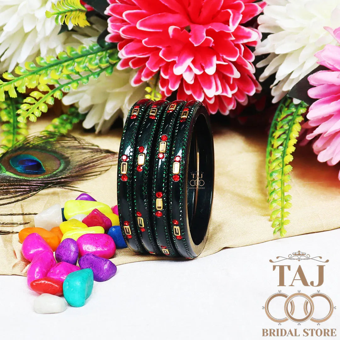 Fancy Lac Kada Bangles with Kundan and Rhinestones (Set of 4)