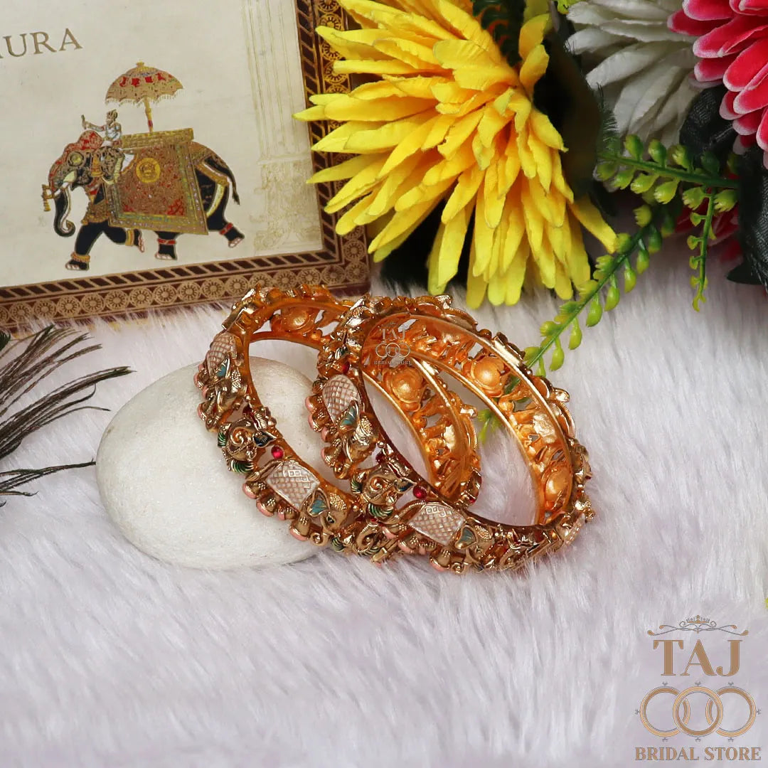 Gold Plated Rajwadi Kada Pair With Divine Ganesh and Elephant Motifs
