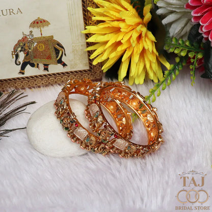 Gold Plated Rajwadi Kada Pair With Divine Ganesh and Elephant Motifs
