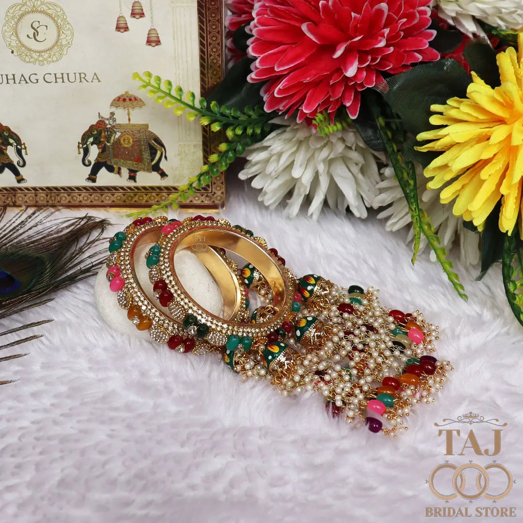 Rajwadi Style Gold Plated Bangles With Traditional Multicolor Hangings