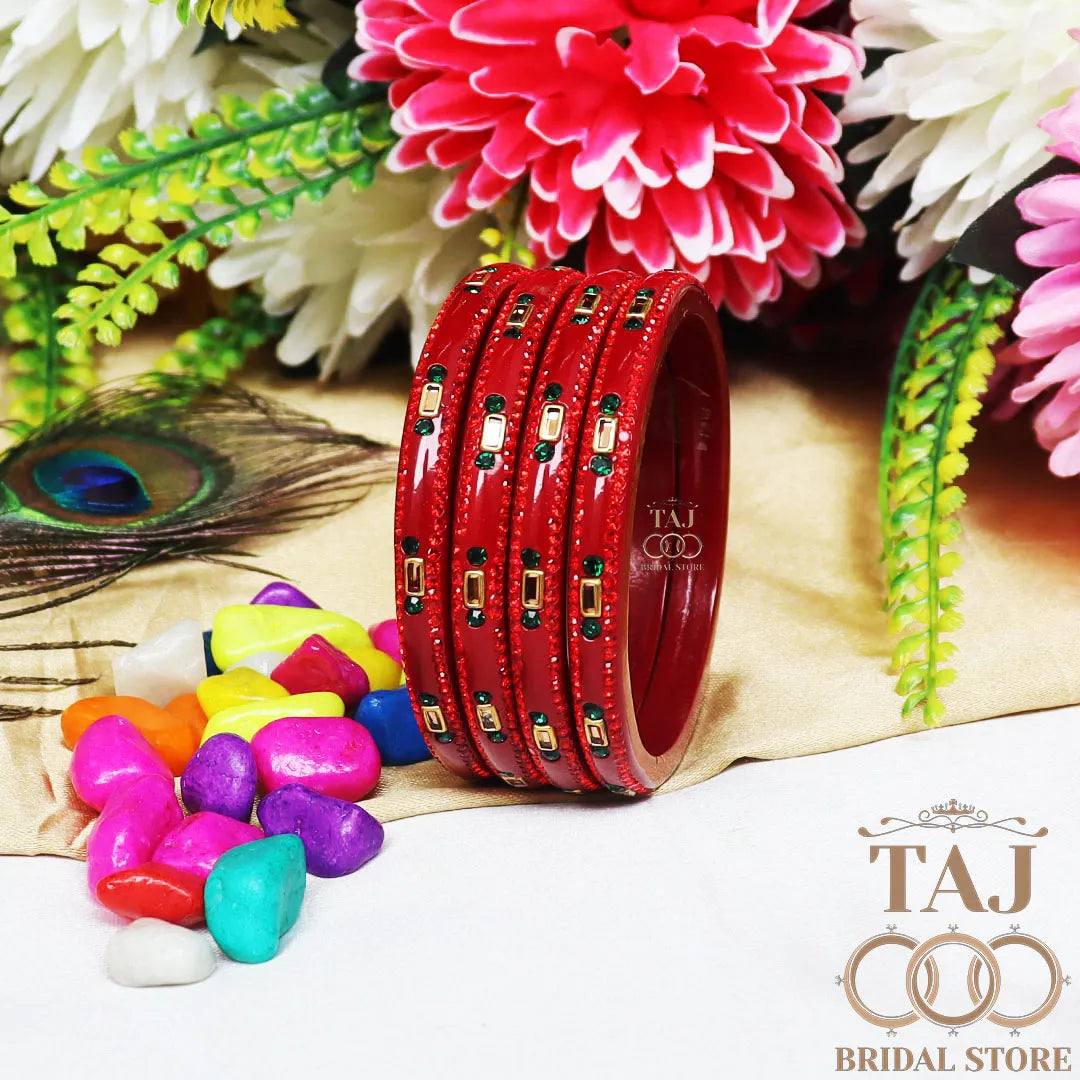Fancy Lac Kada Bangles with Kundan and Rhinestones (Set of 4)