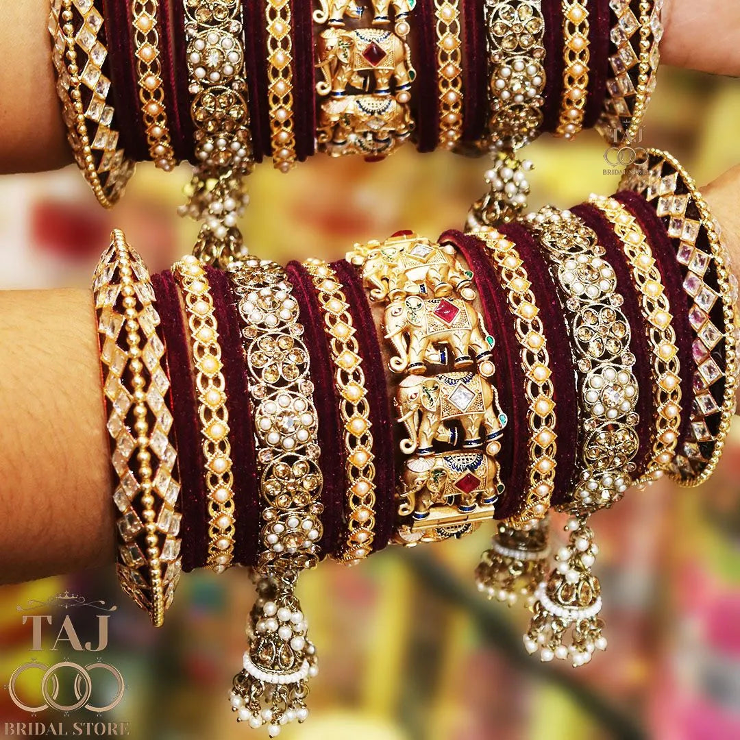 Royal Rajwadi Bangle Set with Elephant Motifs and Jhoomers