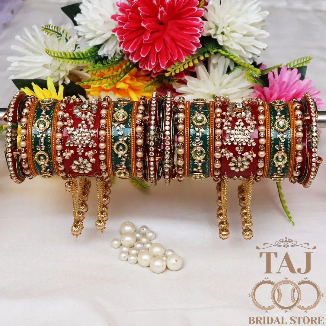 Kundan Rajwadi Bangles Set With Beautiful Moti Latkan Design