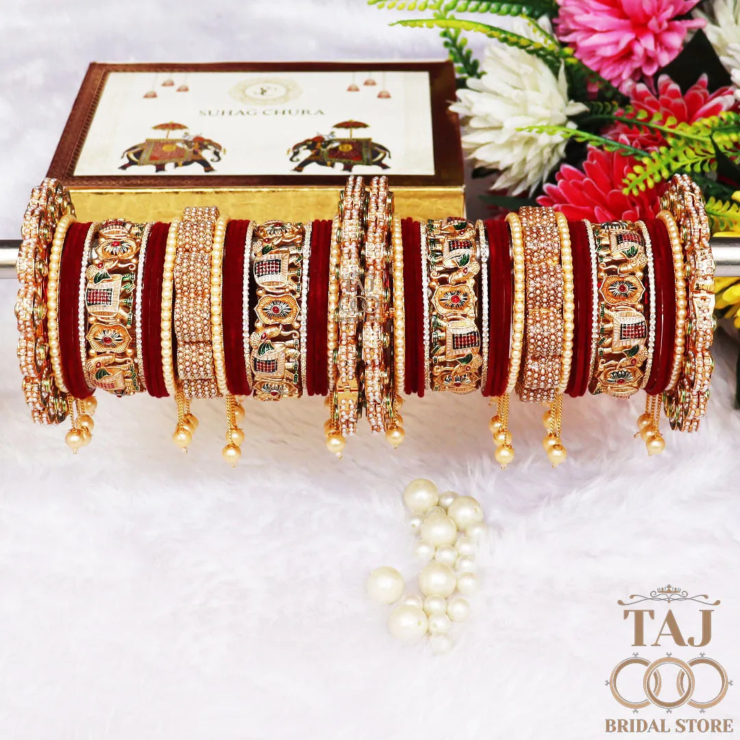 Premium Bridal Bangles Set with New Elephant & Pearls Hanging Design