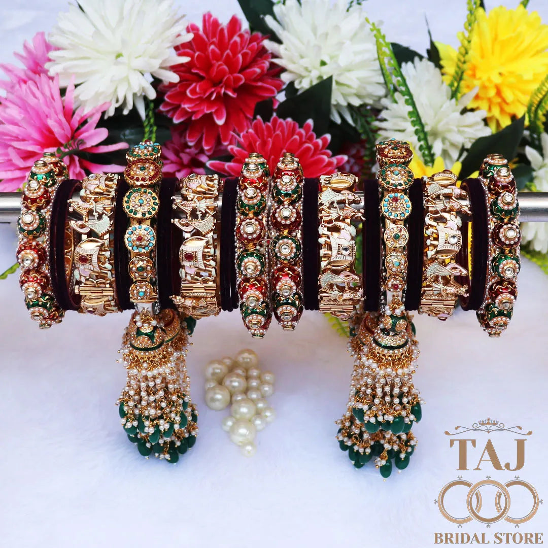 Luxurious Rajasthani Bridal Bangles Set with Dulha-Dulhan Motifs