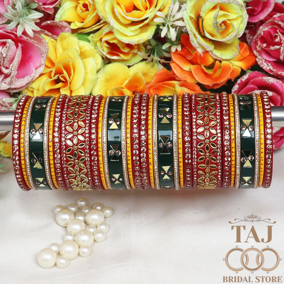 Rajasthani Lac Chura for Beautiful Bride With Traditional Mirror and Kundan Design
