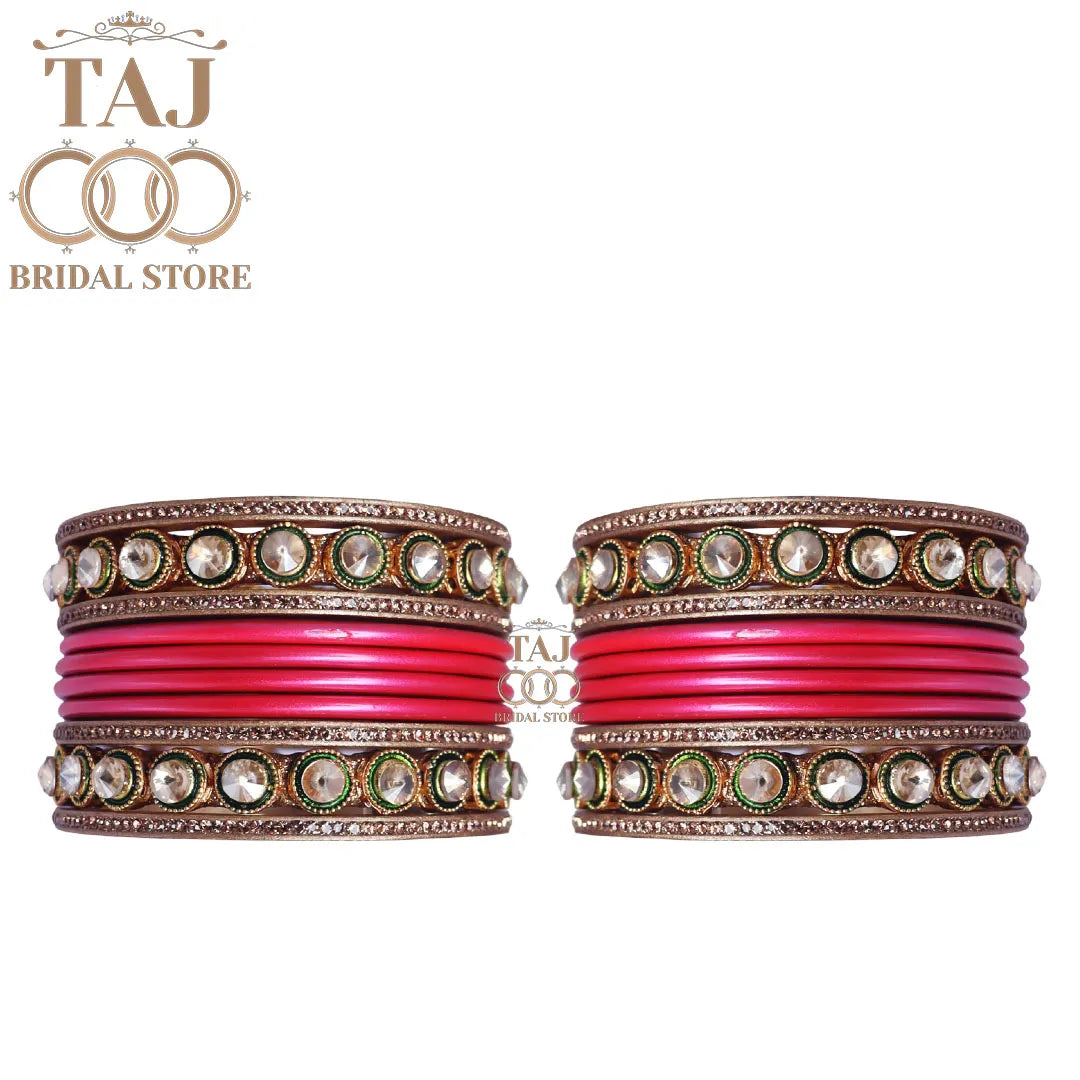 Rajasthani Lac Chura With Beautiful White Stone Work Metal Kada