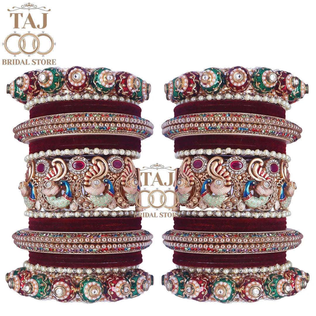 Heavy Design Rajwadi Bridal Bangles Set With Beautiful Peacock Design Kada Taj Bridal Store