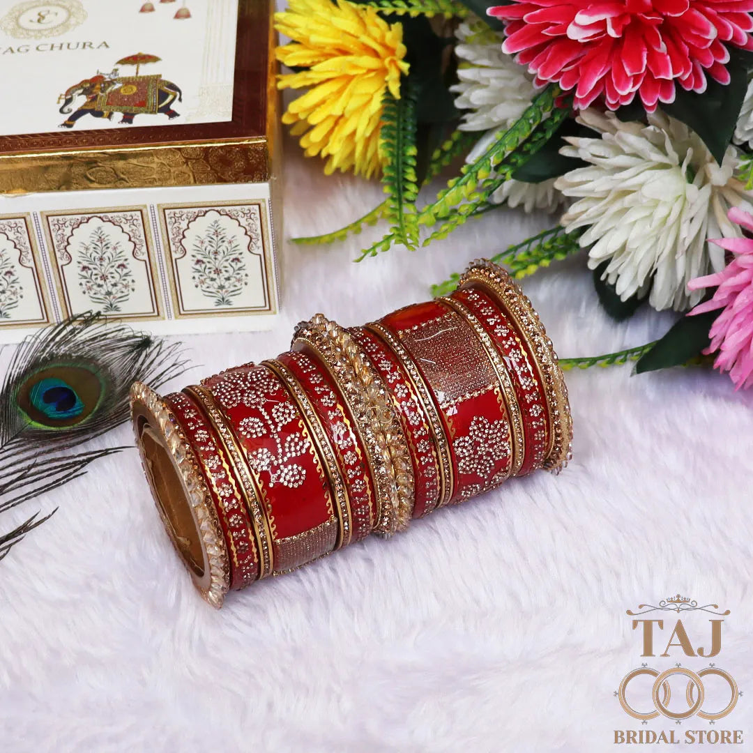 Traditional Lac Bangles Set with Latest Rhinestones Flower Design