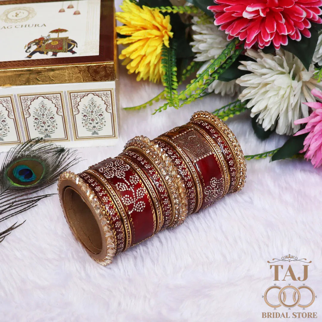 Traditional Lac Bangles Set with Latest Rhinestones Flower Design