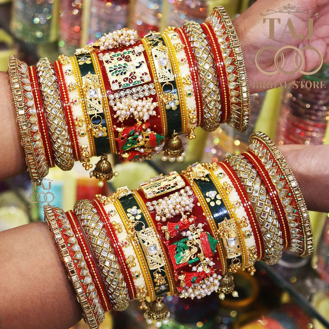 Rajwadi Bangles Set For Bride With Beautiful Doli And Peacock Design Kada