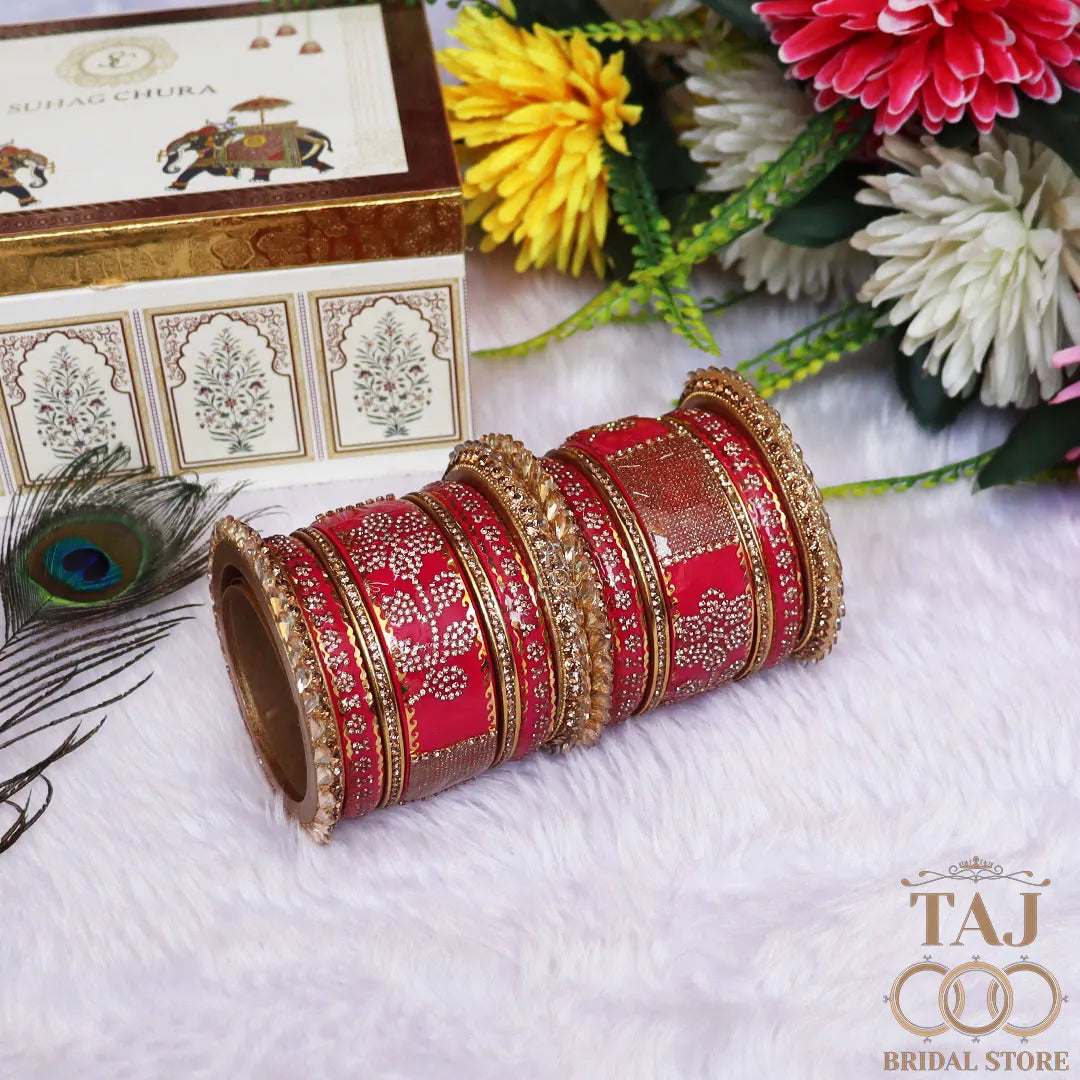 Traditional Lac Bangles Set with Latest Rhinestones Flower Design