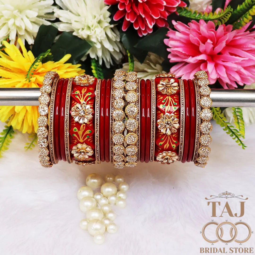 Luxury Lac Bridal Bangle Set with Kundan and Handpaint Design