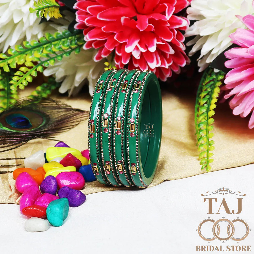 Fancy Lac Kada Bangles with Kundan and Rhinestones (Set of 4)