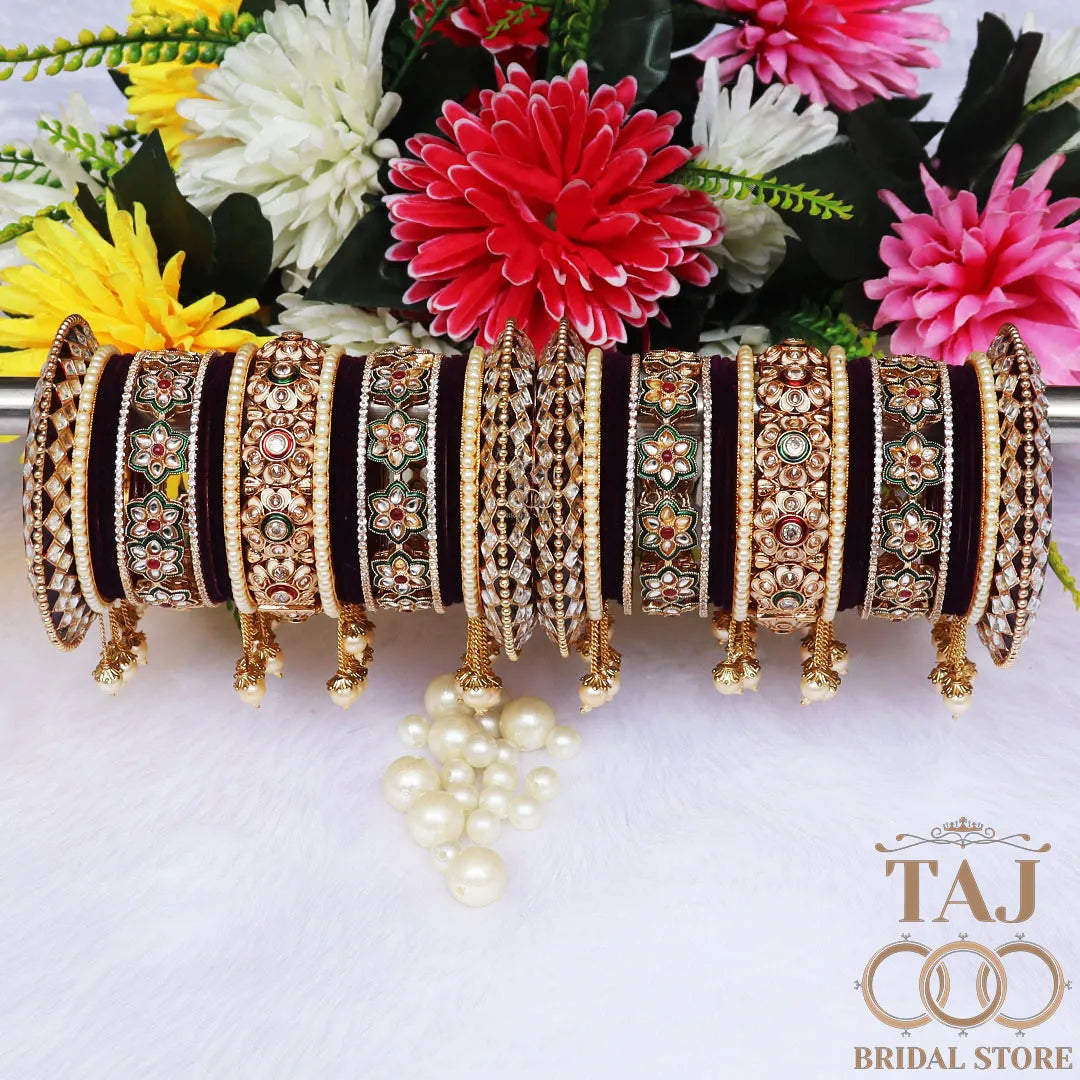 Royal Rajwadi Wedding Chura Set with Floral Motifs and Pearl Hangings