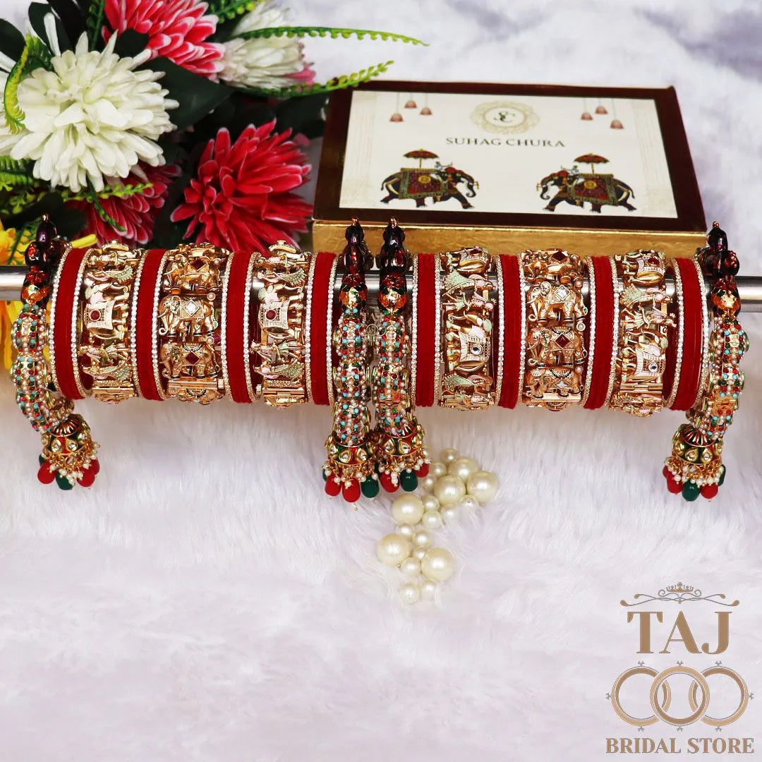 Premium Rajwadi Bridal Bangles Set with Elephant and Peacock Motifs