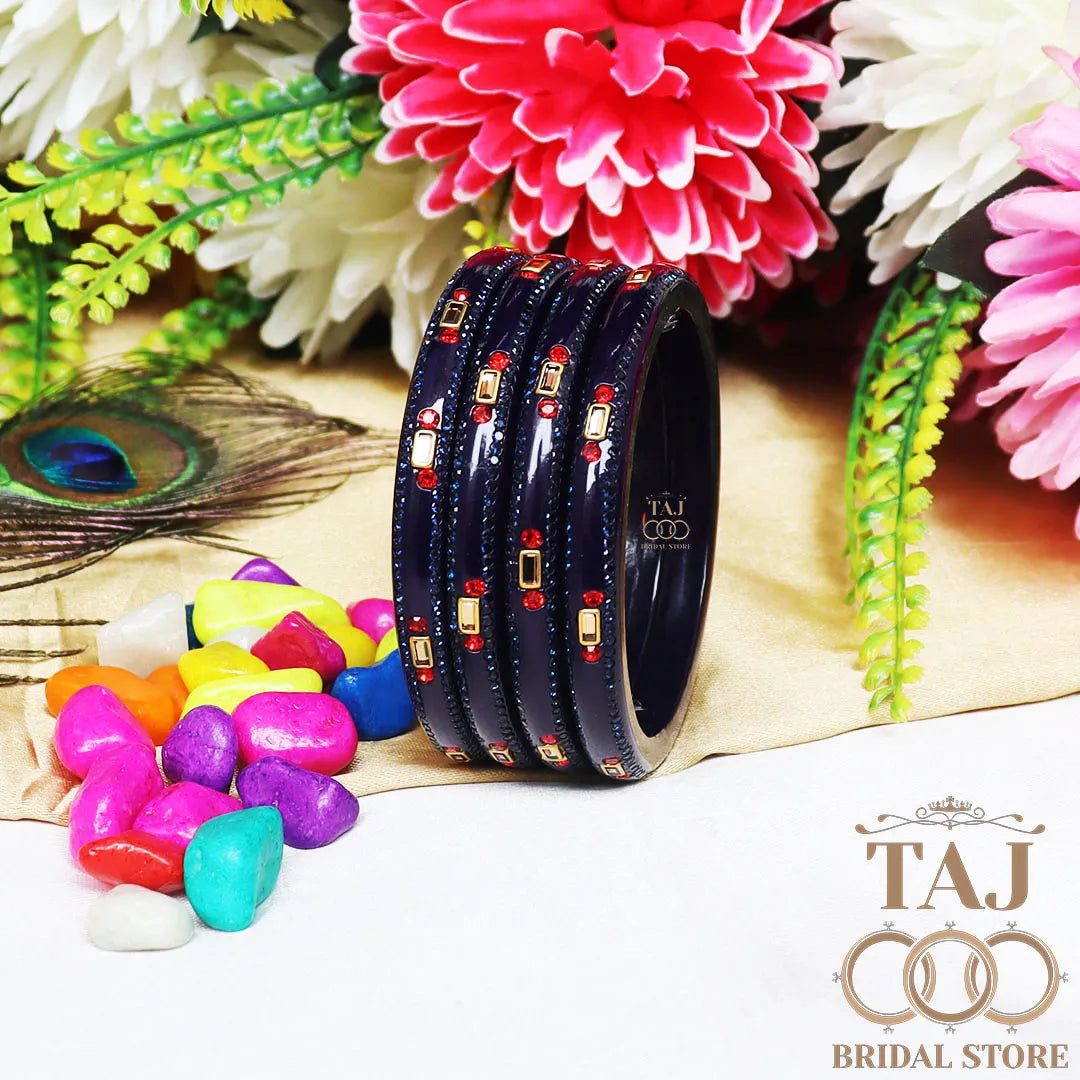 Fancy Lac Kada Bangles with Kundan and Rhinestones (Set of 4)