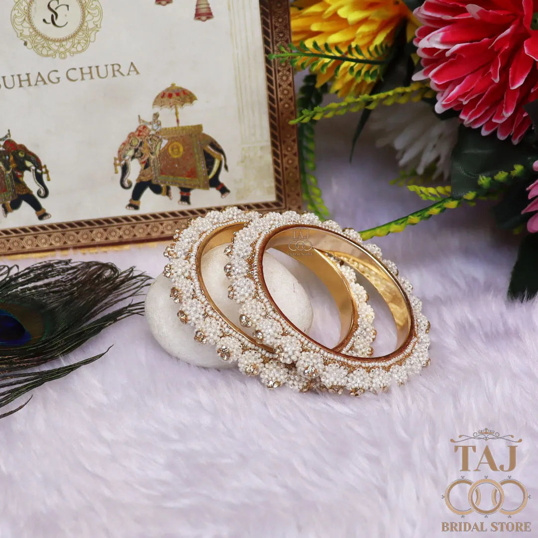 Women Stylish Metal Kada Bangles With Latest Pearls Design