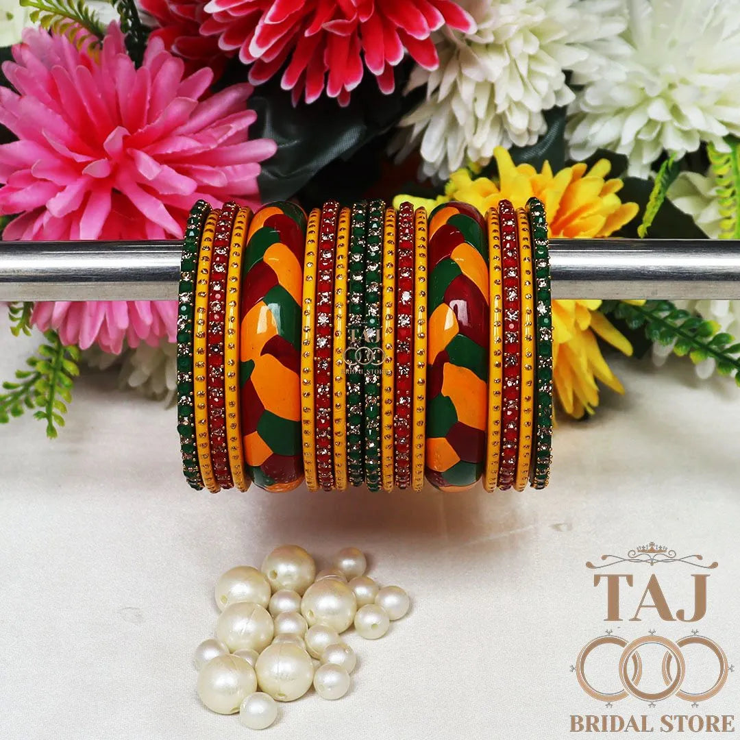 Vibrant Rajasthani Lac Bangles with Rhinestone Accents (Set of 18)