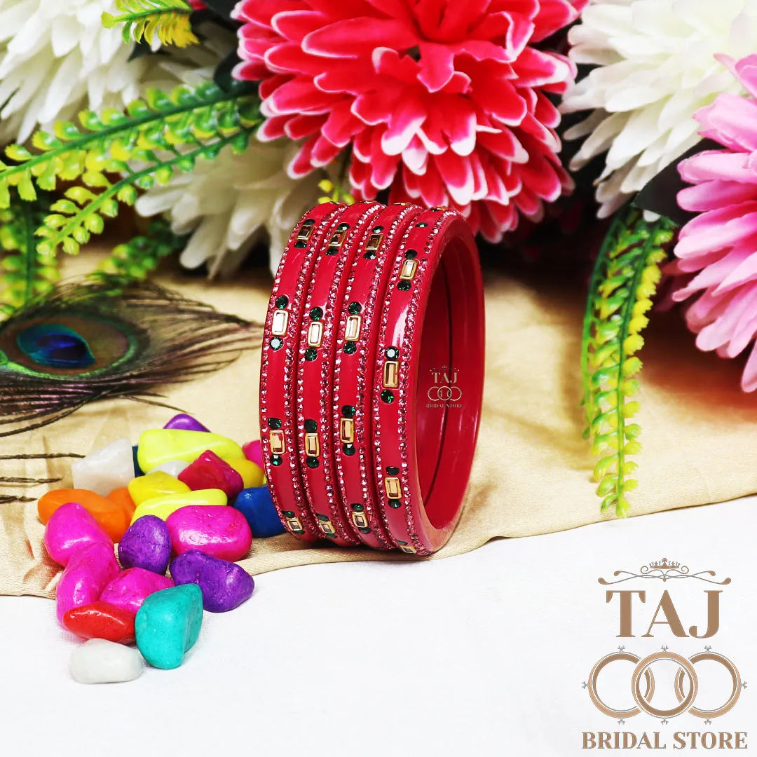 Fancy Lac Kada Bangles with Kundan and Rhinestones (Set of 4)