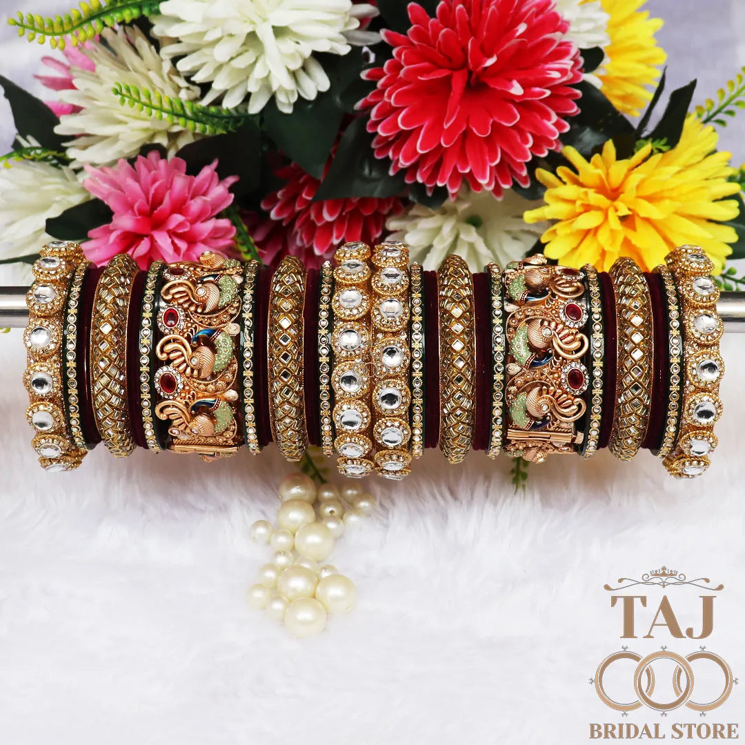 Rajwadi Style Bridal Bangle Set with Peacock Motifs and Velvet