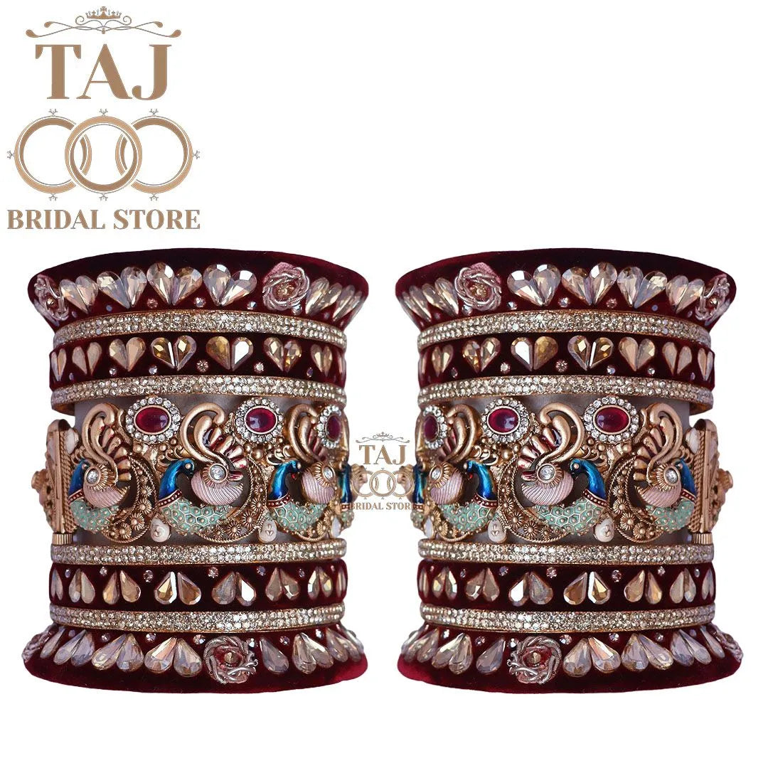 Metal Kundan Design Wedding Bangles Set With Beautiful Peacock Design Kada