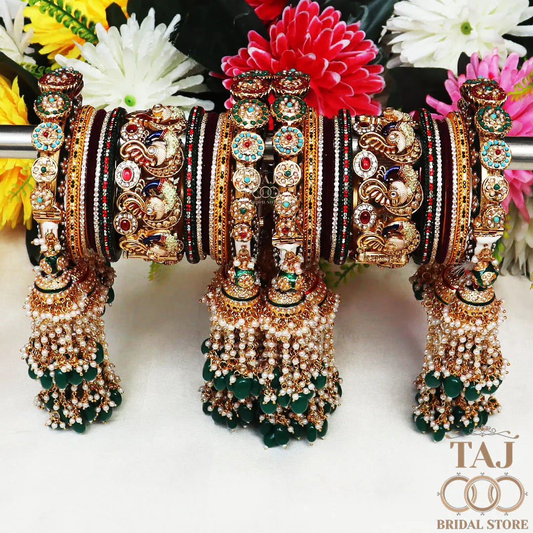 Royal Rajwadi Bridal Chooda Set with Peacock Motifs and Jhoomers
