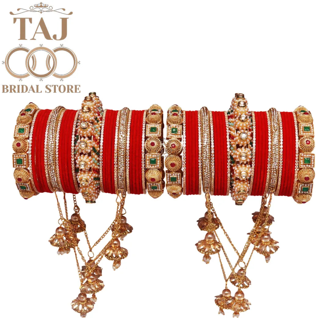 Antique Rajwadi Bangles Set With Beautiful Chain Latkan Design