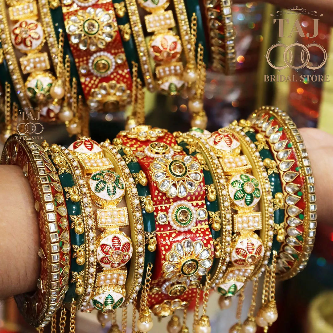 Rajwadi Wedding Bangle Set with Beautiful Moti Latkan Design Taj Bridal Store