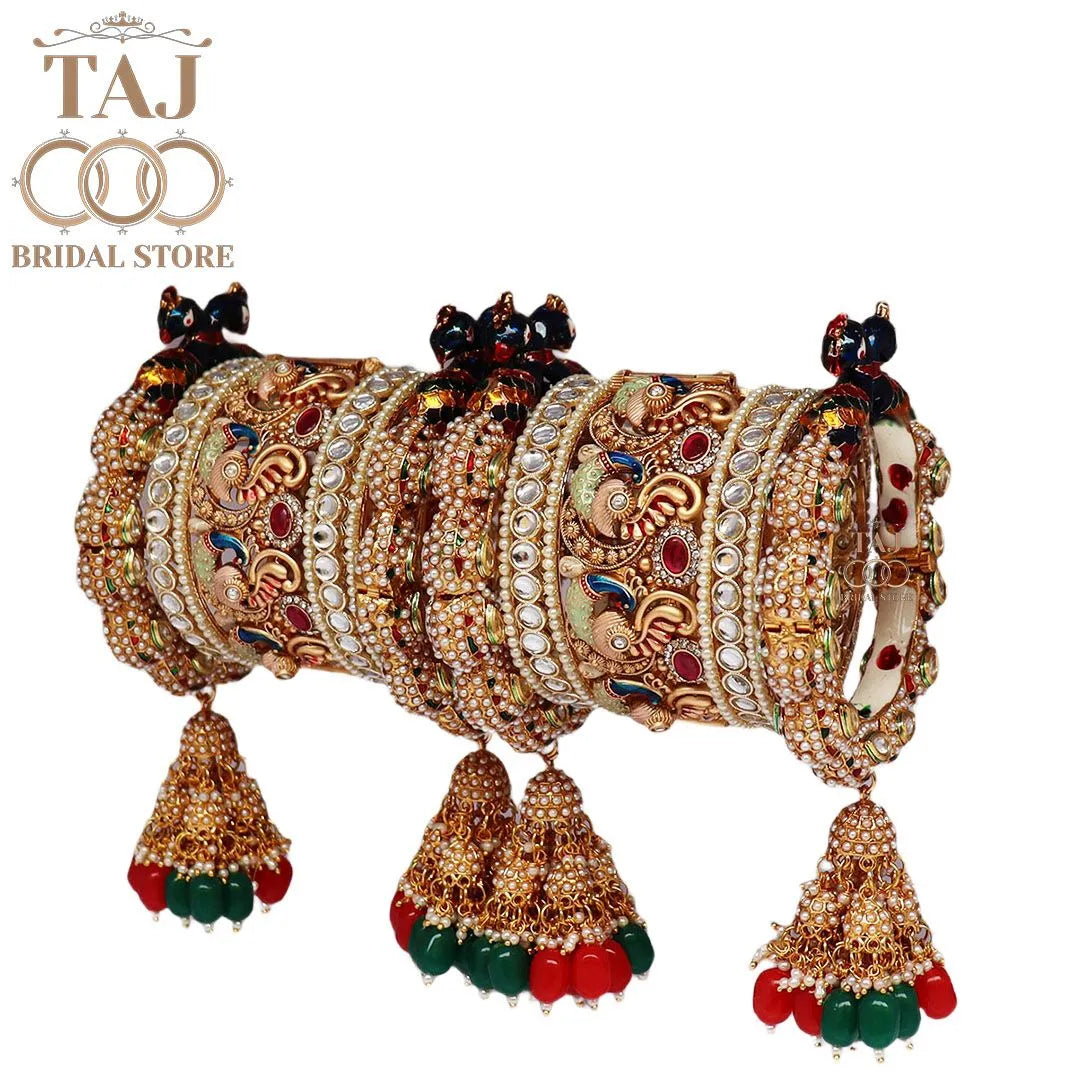 Royal Rajasthani Bangles Set for Bride with Beautiful New Peacock and Jhoomer Design Taj Bridal Store