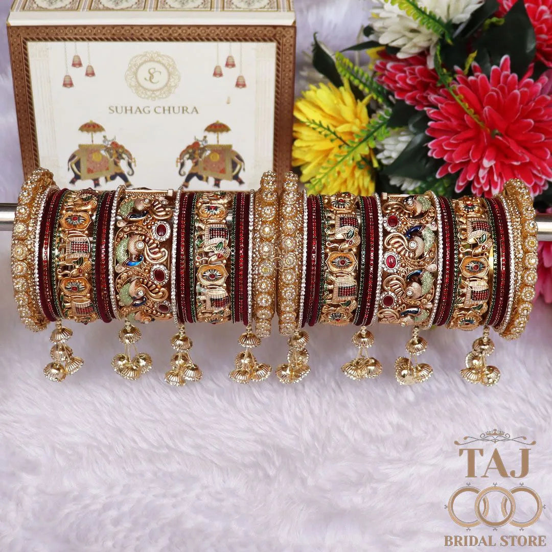 Luxurious Dulhan Bangles Set with Peacock-Elephant and Hanging Design