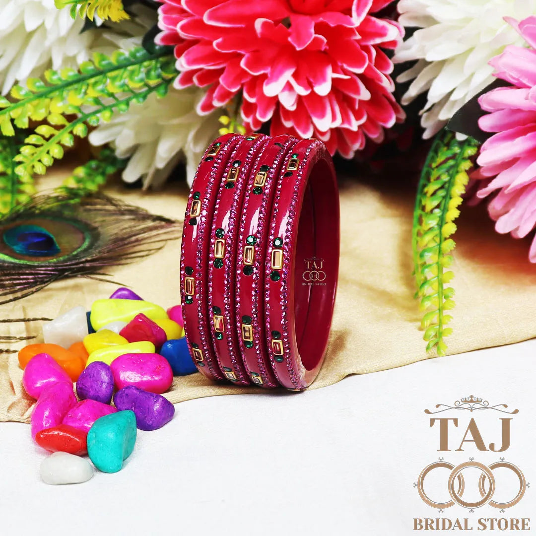Fancy Lac Kada Bangles with Kundan and Rhinestones (Set of 4)