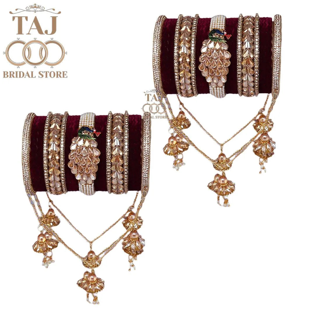 Metal Wedding Bangles Set With Beautiful Peacock Design Kada and Chain Latkan