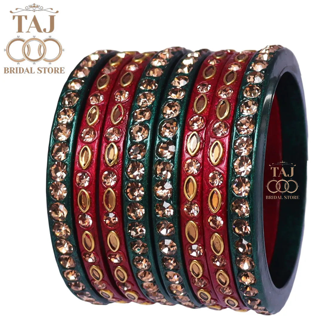 Marwadi Short Lac Chura With Beautiful White Stone And Kundan Design (Set of 8)