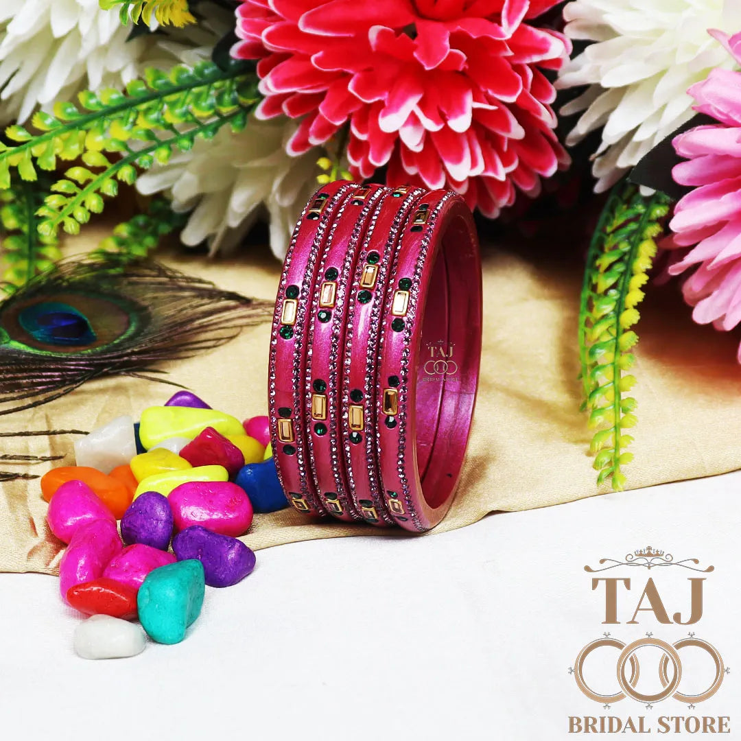 Fancy Lac Kada Bangles with Kundan and Rhinestones (Set of 4)