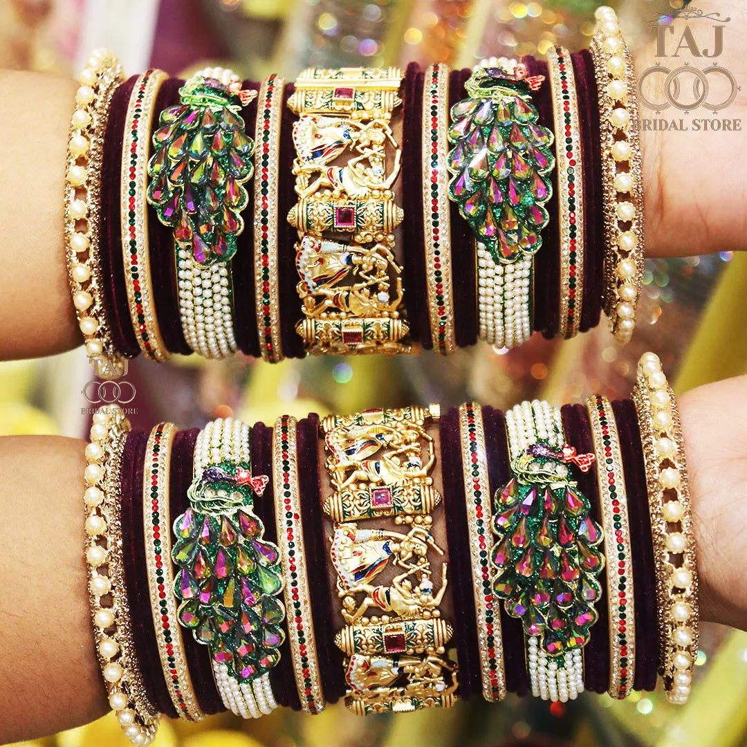 Rajwadi Wedding Chura Set With Beautiful Rainbow Colour Peacock Kada
