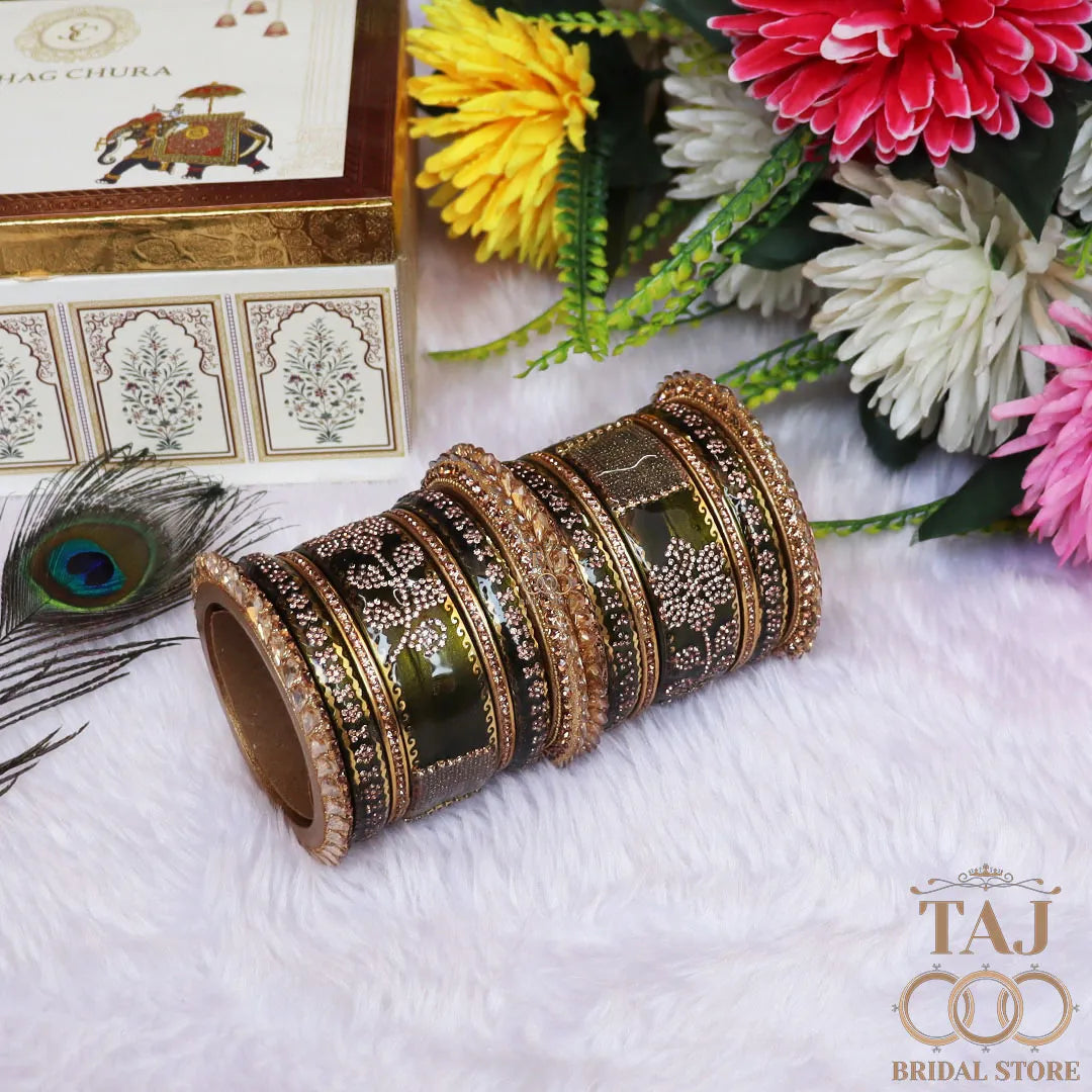 Traditional Lac Bangles Set with Latest Rhinestones Flower Design