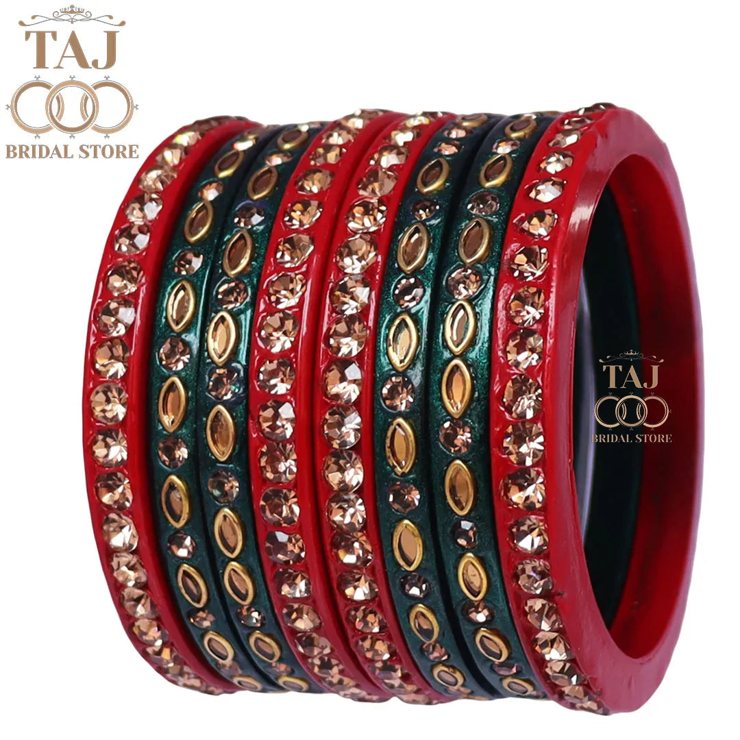 Marwadi Short Lac Chura With Beautiful White Stone And Kundan Design (Set of 8)