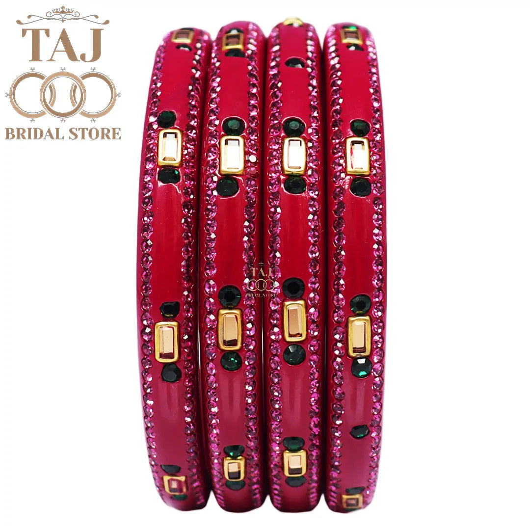 Fancy Lac Kada Bangles with Kundan and Rhinestones (Set of 4)
