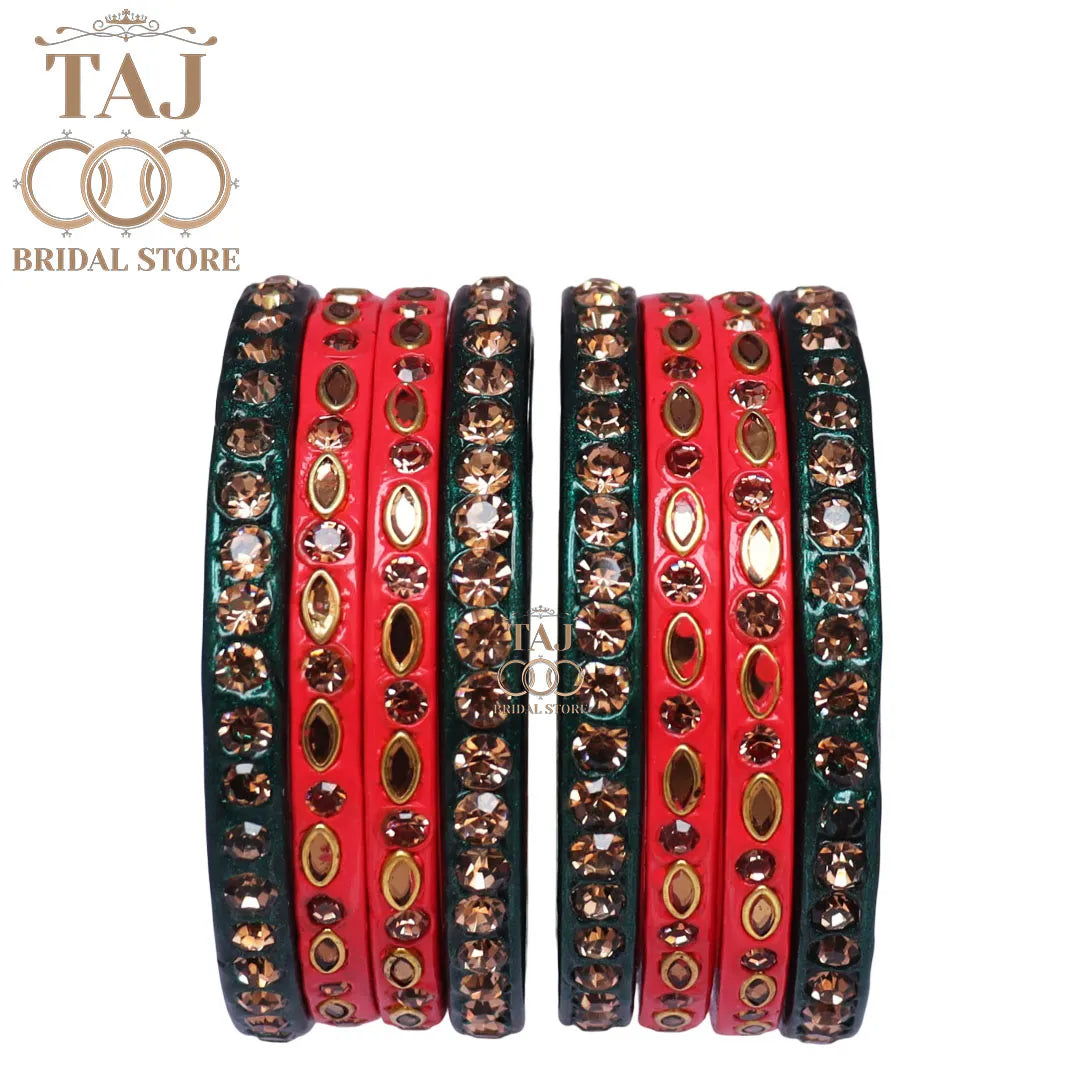 Marwadi Short Lac Chura With Beautiful White Stone And Kundan Design (Set of 8)