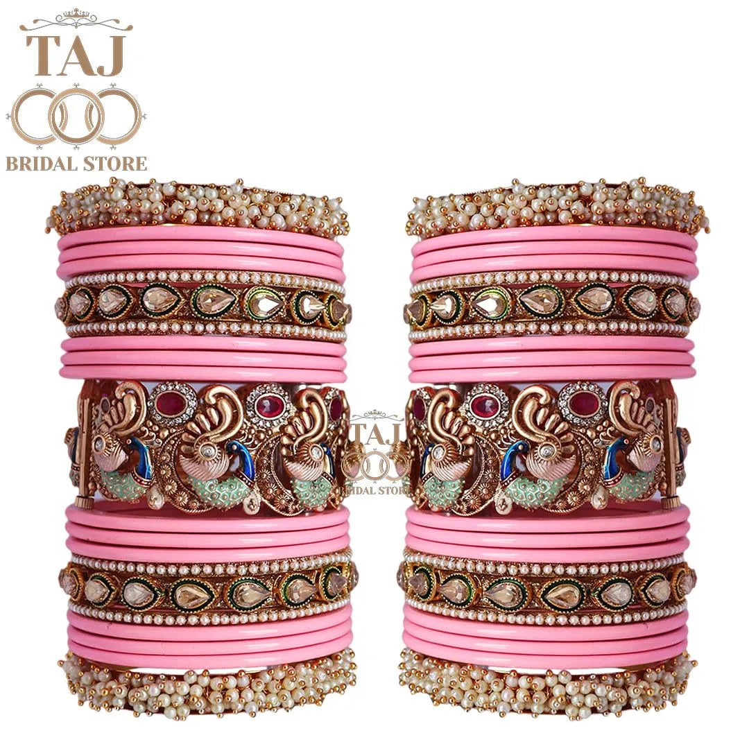 Rajasthani Traditional Bridal Chuda Set With Beautiful Peacock Design Brass Kada