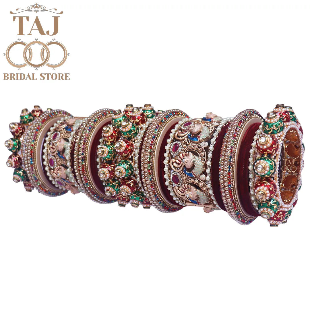 Heavy Design Rajwadi Bridal Bangles Set With Beautiful Peacock Design Kada Taj Bridal Store