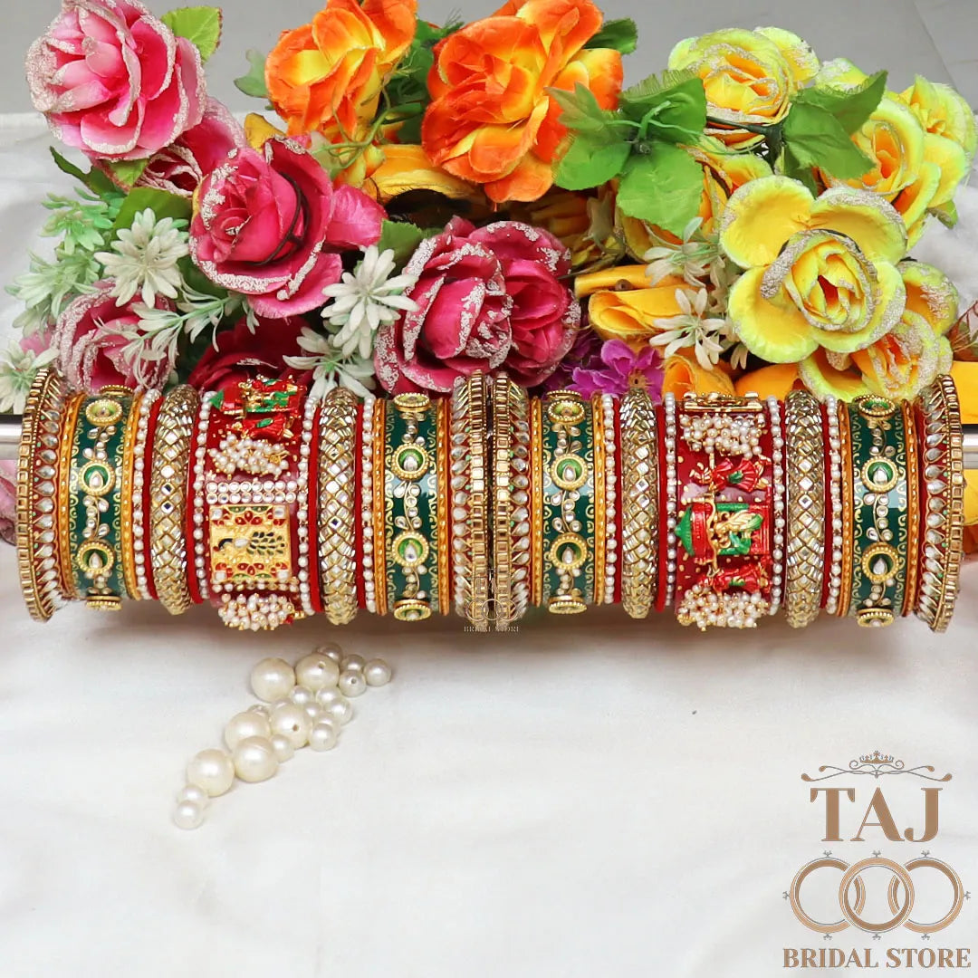 Rajwadi Bridal Bangle Set with Beautiful Doli and Peacock Design Kada