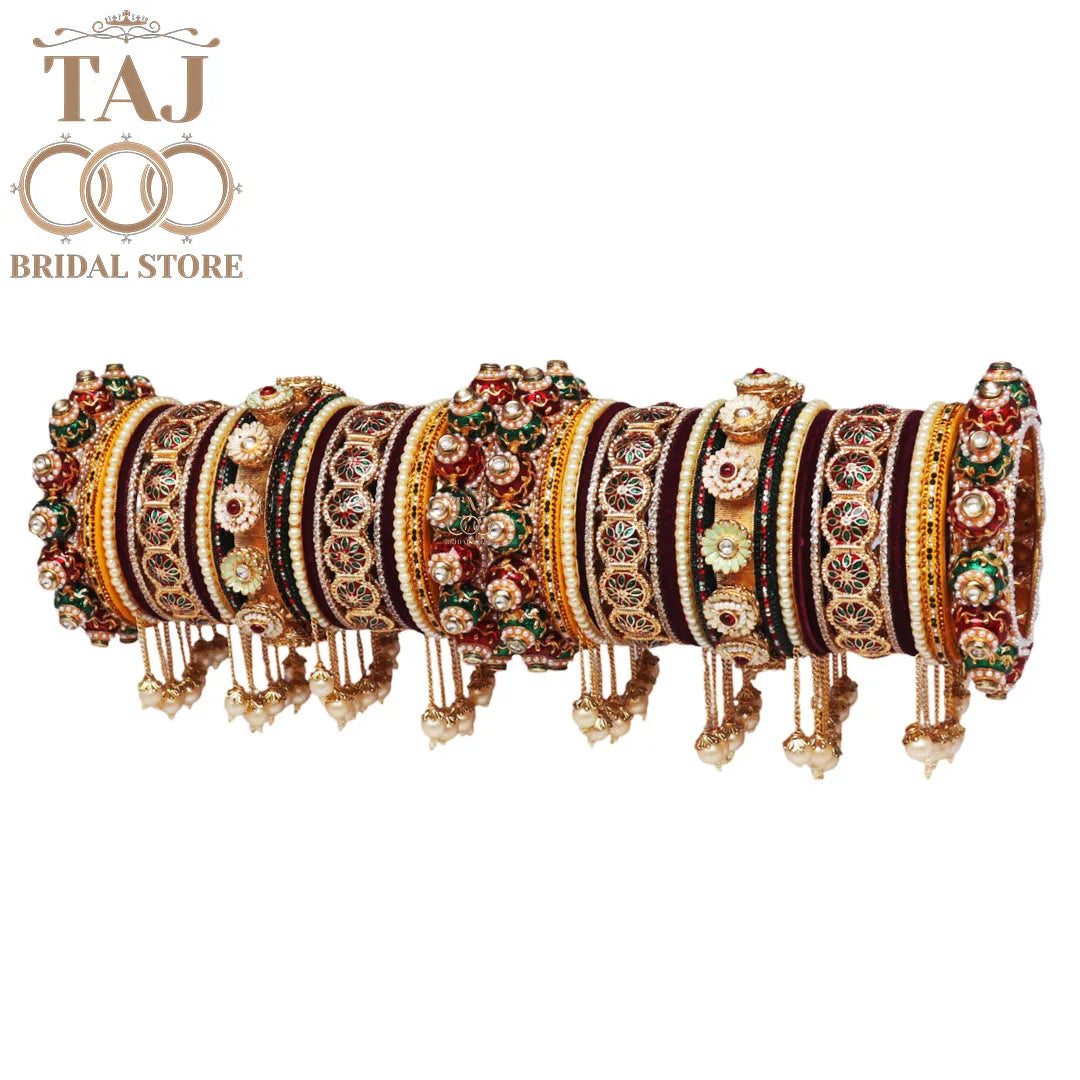 Royal Rajwadi Bridal Bangle Set with Floral Motifs and Moti Latkan